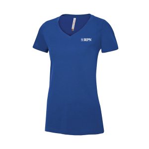 Blue V-neck T-shirt - with white heat transfer logo on left chest and block on back